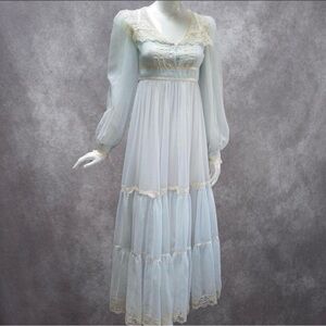 Vintage 70s Gunne Sax Baby Blue Chiffon Prairie Maxi Dress, ~24” waist